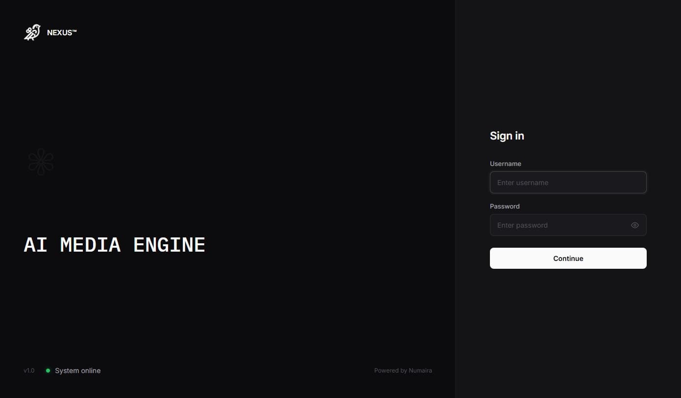 NEXUS AI Media Engine sign-in interface